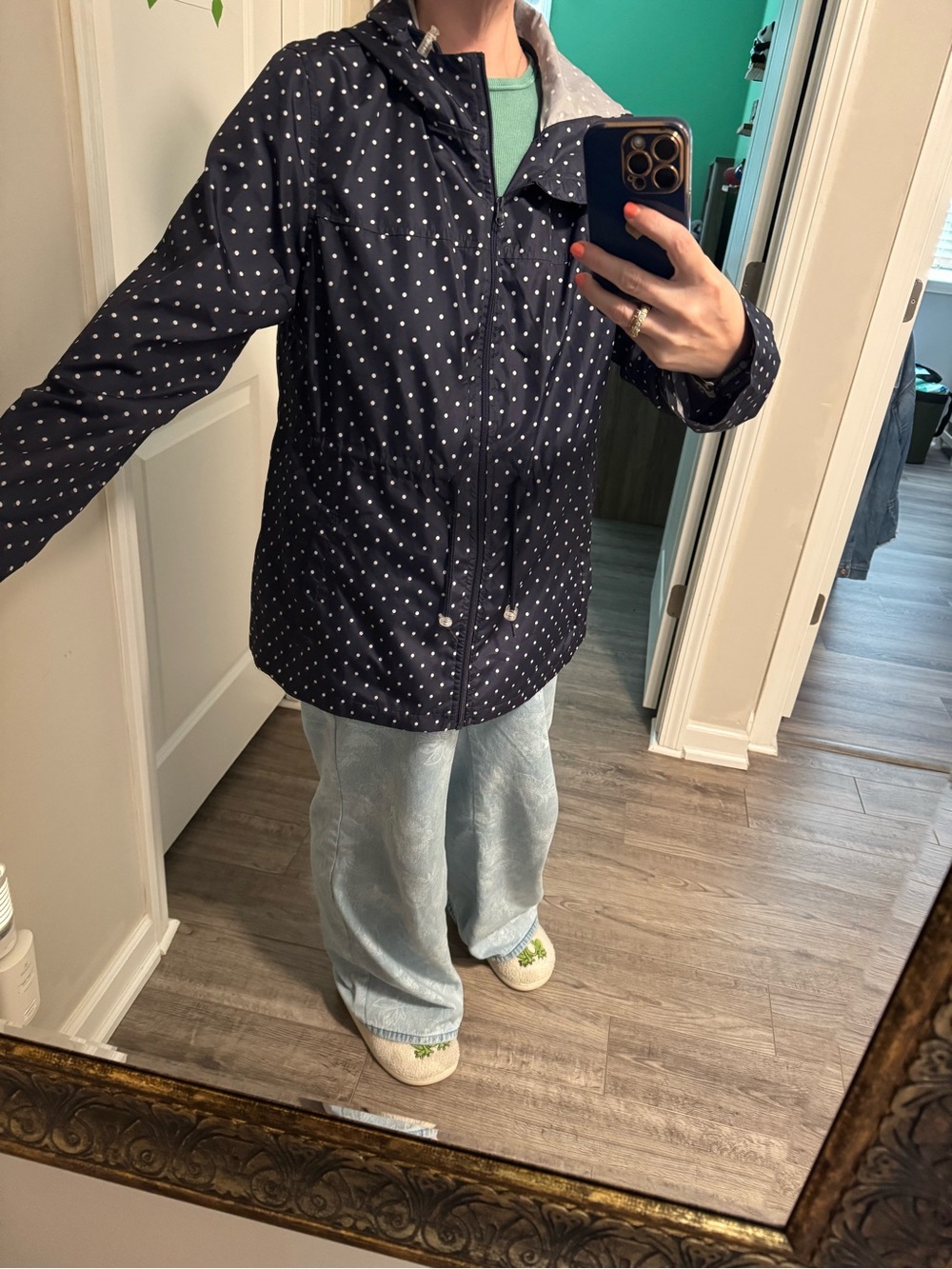 Women’s Navy Polka Dot Hooded Rain Jacket